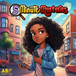 Young girl on street with notebook in hand. Title 5 minute mysteries